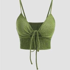 Cider Green Smocked Tie Front Adjustable Straps Crop Top, XS